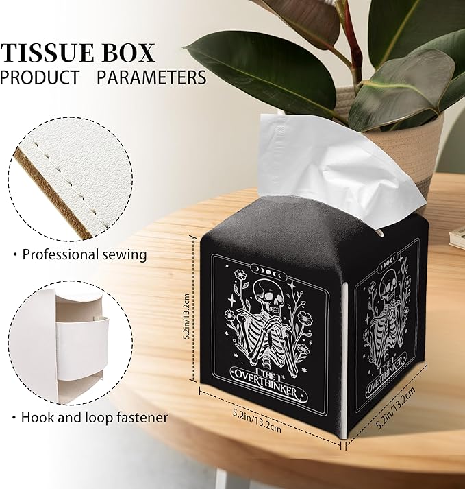 Grace Yonks Cute Tissue Box Cover Square - Gothic Skeleton “The Overthinker” Print, Funny Tarot-Inspired Design 5.2" PU Leather Holder for Vanity, Bathroom Counter - Cube Case for Facial Tissues(024)