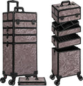 JINGUAN Professional Rolling Makeup Train Case with Lid, 5 in 1 Cosmetology Case on Wheels, Large Cosmetic Trolley Organizer Travel for Hairstylist Artist Nail Beauty Salon Barber, Brown Ink