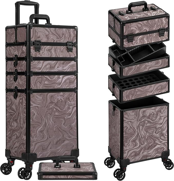 JINGUAN Professional Rolling Makeup Train Case with Lid, 5 in 1 Cosmetology Case on Wheels, Large Cosmetic Trolley Organizer Travel for Hairstylist Artist Nail Beauty Salon Barber, Brown Ink
