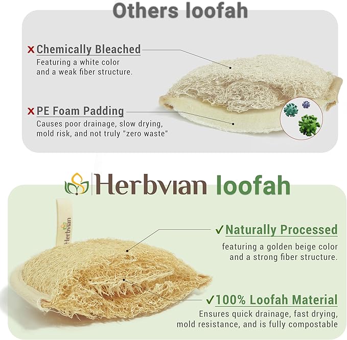 Herbvian Vietnamese Natural Loofah Exfoliating Body Scrubber Pads, 100% Plant-Based Shower Luffa Sponge, Bath Loofah for Women Men (1, Oval 6.5"x4.9")