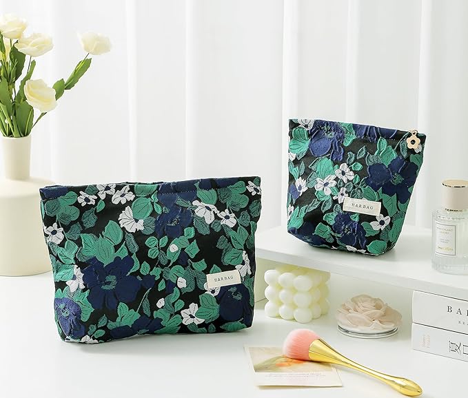 getgto 2 Pcs Makeup Bags, Large Cosmetic Bag Travel Toiletry Bag Organizer for Women, Embroidery Craft, Floral Makeup Bag Small Cosmetic Pouch Purse with Zipper Gifts for Girls Teen