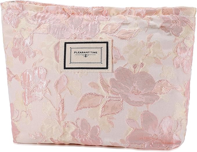 URSKYTOUS Flower Makeup Bag Travel Large Floral Cosmetic Bags for Women Cute Makeup Pouch Zipper Cosmetic Pouch for Purse Embossed Pink Aesthetic Make up Organizer Bag Portable Toiletry Bag