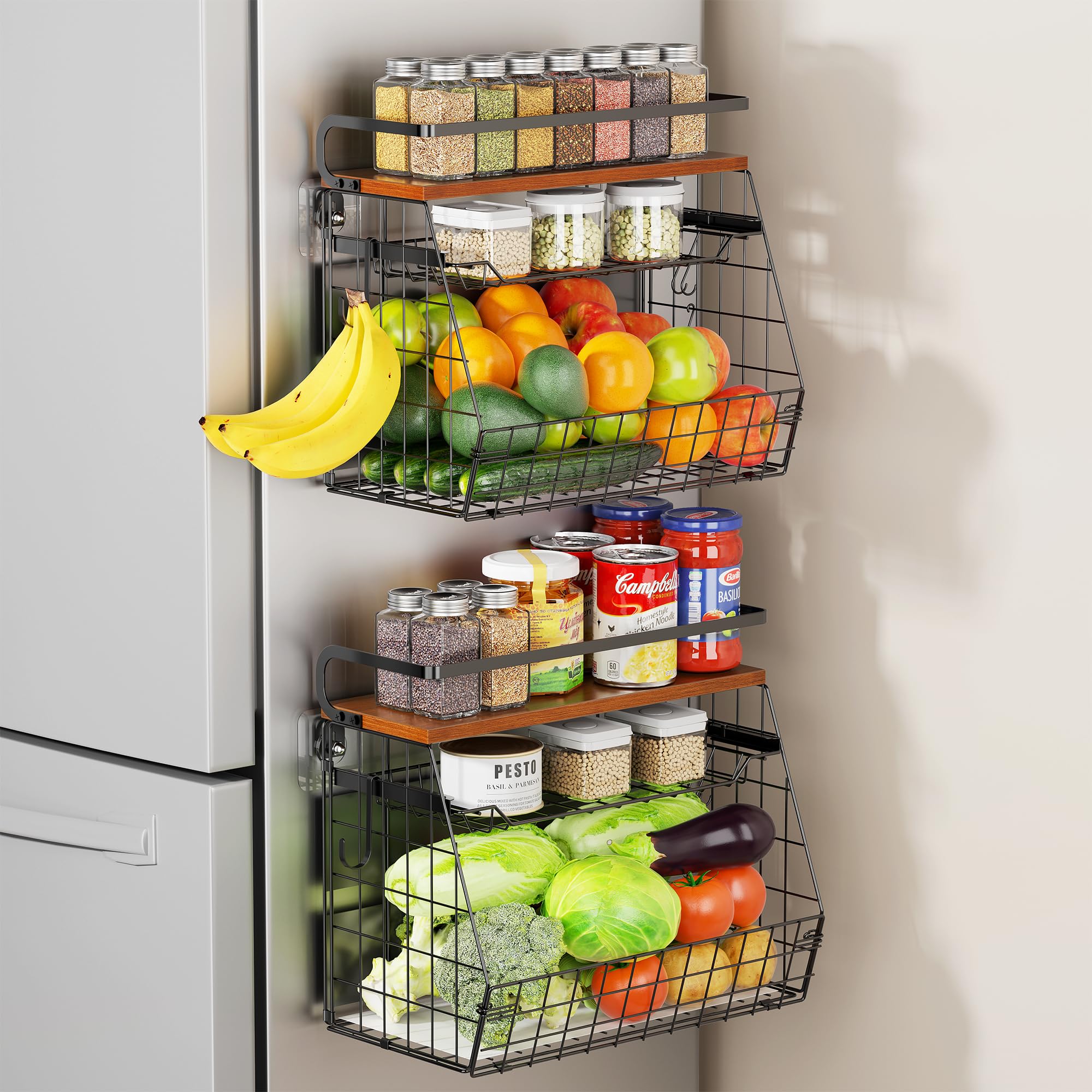 Delamu Magnetic Shelf for Fridge with Wood Lid, 3 Tier Pull Out Fruit Basket, Magnetic Spice Rack Organizer for Refrigerator, Cabinet, Kitchen Counter, Laundry (2 Pack)
