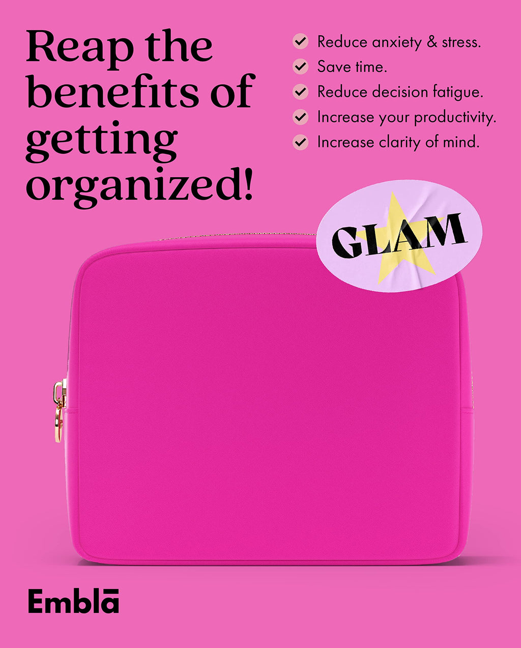 Embla Large Makeup Bag and Waterproof Nylon Travel Toiletry Bag, Large Capacity Cosmetic Zipper Pouch, Fuchsia Pink