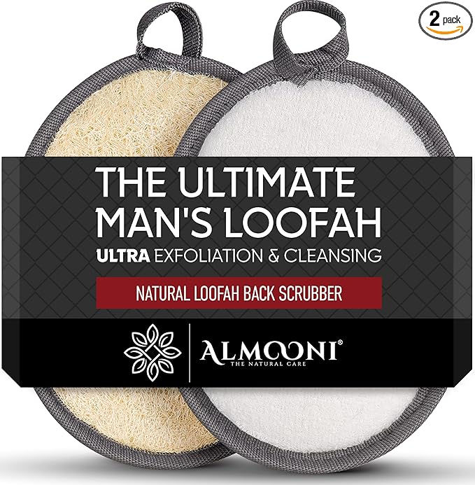 Almooni Natural Exfoliating Loofah for Men, Lightly Abrasive Egyptian Loofah Body Scrubber for Men, Dual-Sided with Cotton Back, Hand Strap, Gray, 2-Count