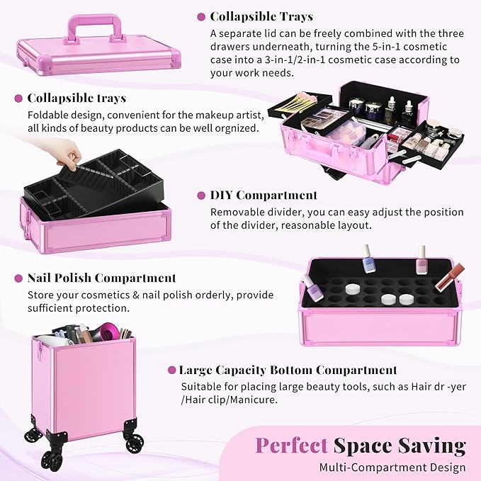 JINGUAN Professional Rolling Makeup Train Case with Lid, 5 in 1 Cosmetology Case on Wheels, Large Cosmetic Trolley Organizer Travel for Hairstylist Artist Nail Beauty Salon Barber, Pink
