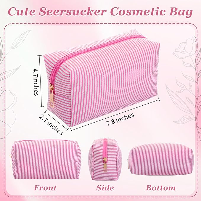 Sanwuta 12 Pcs Seersucker Cosmetic Bags Bulk Seersucker Makeup Bags Stripe Women Pouch Large Preppy Storage Pouch Toiletry Travel for Wedding Bridesmaid Bride Favor Back to Teacher Gift (Pink)