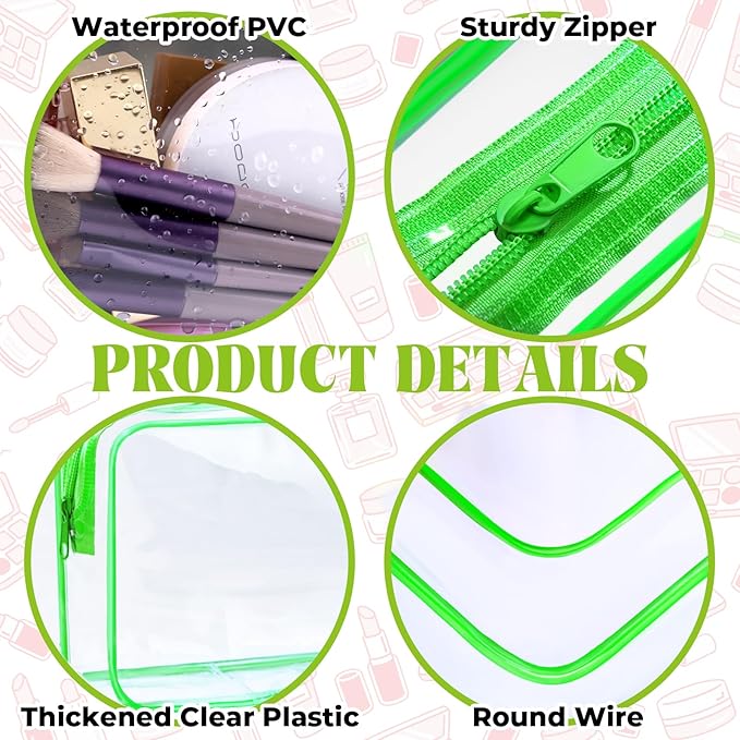 CHICAUP 6 Pieces Clear Makeup Bags Bulk TSA Approved Toiletry Bag for Travel PVC Waterproof Clear Cosmetic Pouch with Zipper for Men and Women Carry-on Travel Essentials (Green)