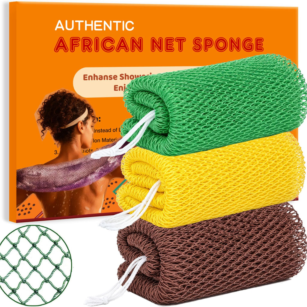 African Net Sponge Authentic, 3 Pieces African Exfoliating Net Sponge Body Back Scrubber Exfoliating Washcloth for Shower Bath for All Types Skin (Brown+Yellow+Green, 3 Pcs)