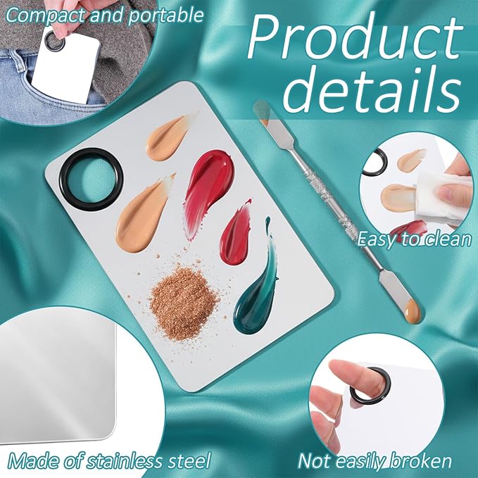 2 Pcs Makeup Mixing Palette with 2 pcs Foundation Spatula, Stainless Steel Cosmetic Makeup Palette Tray Professional Nail Mixing Tray for Foundation, Lipstick, Nail Art and More