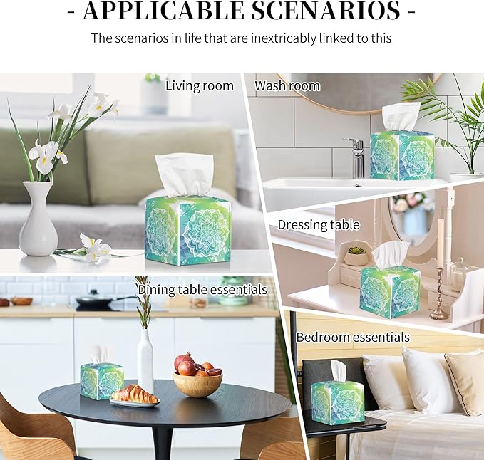 Green Boho Mandala Flower Tissue Box Cover Square, Abstract Mandala Floral Tissue Box Holder Waterproof Leather Facial Paper Organizer Dispenser for Bathroom Home Car Nightstand Vanity Desk