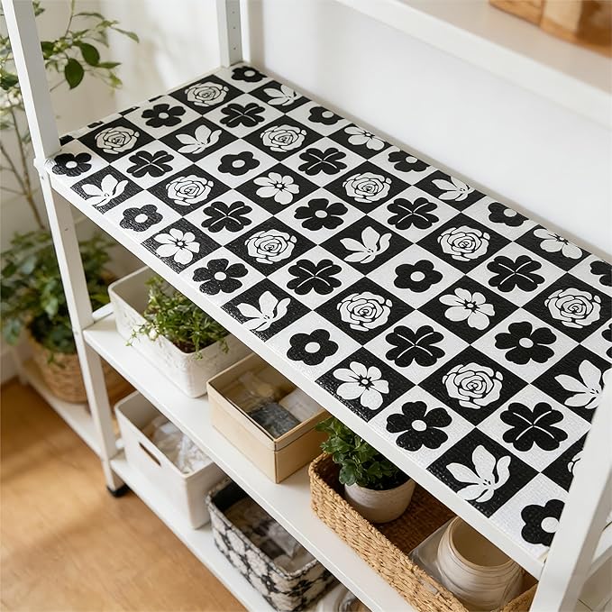 Drawer and Shelf Liner for Kitchen Cabinet,Non Adhesive Anti-Slip Double Layer PVC Waterproof Easy Clean for Dresser Bathroom Refrigerator with Knife Tape Measure(12 in X 10 Ft Black & White Flowers)
