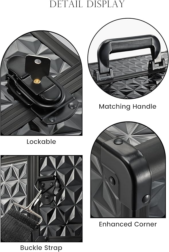 Joligrace Makeup Train Case Professional Cosmetic Organizer Aluminum Storage Box with 4 Adjustable Dividers Trays Lockable Portable with Shoulder Strap - Black