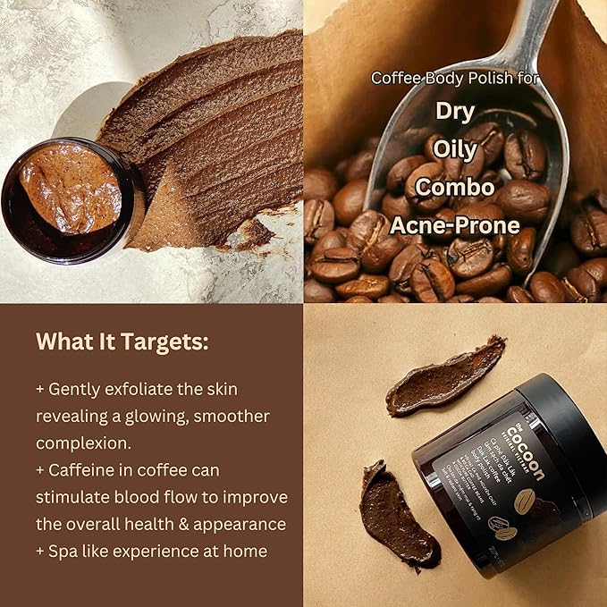 Cocoon Dak Lak Coffee Body Scrub with Coconut & Shea Butter, Exfoliating Dead Skin Remover for Sensitive Skin, Fragrance Free