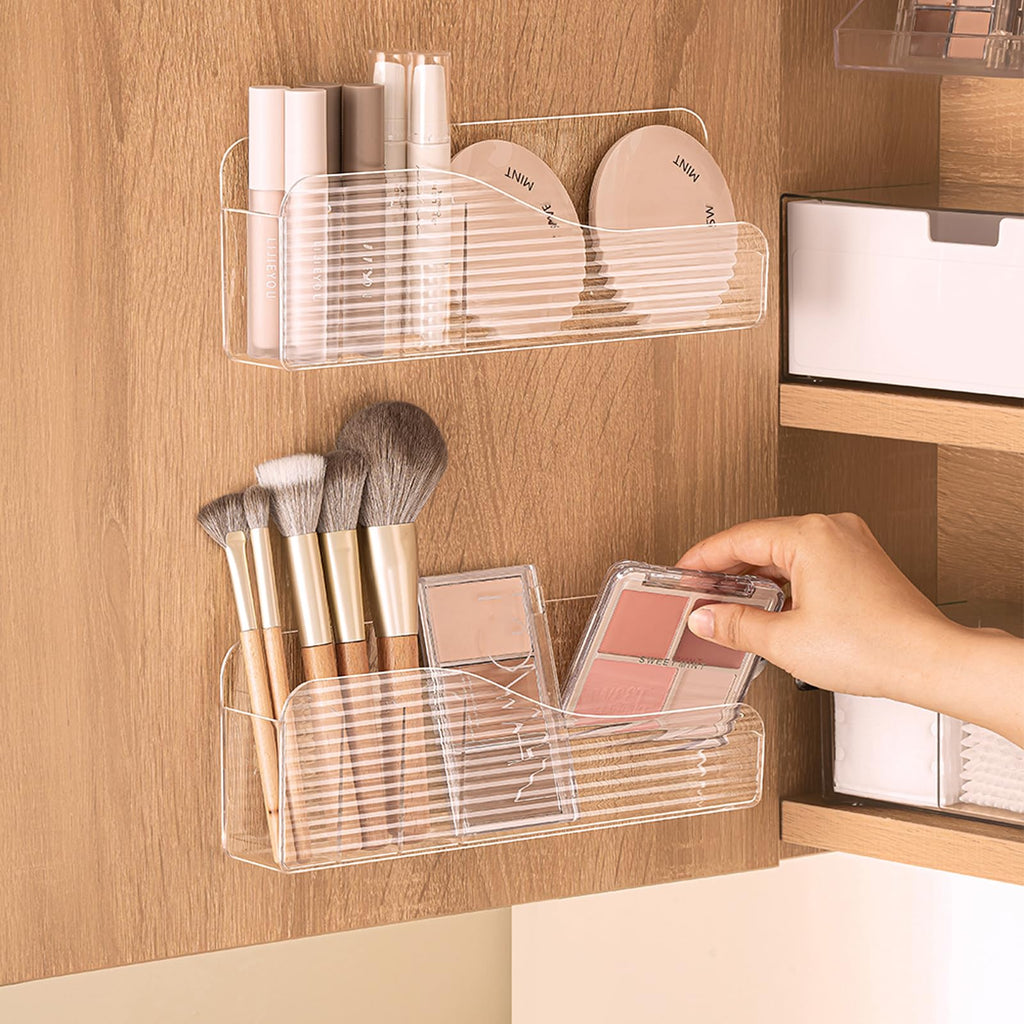 MORNITE Bathroom Medicine Cabinet Organizer Set, Narrow Compact Makeup Shelves Holder for Lipstick, Cosmetic, 2 Pcs Trays for Cabinet Door Wall, Vanity - Clear