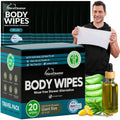 Travel Body Wipes for Men - 20 XL Shower Wipes for Adults Bathing No Rinse - Individually Wrapped 10”x10” Disposable Washcloths, Face Towels, Gym Mens Deodorant Sheets, Camping Essentials & Must Haves