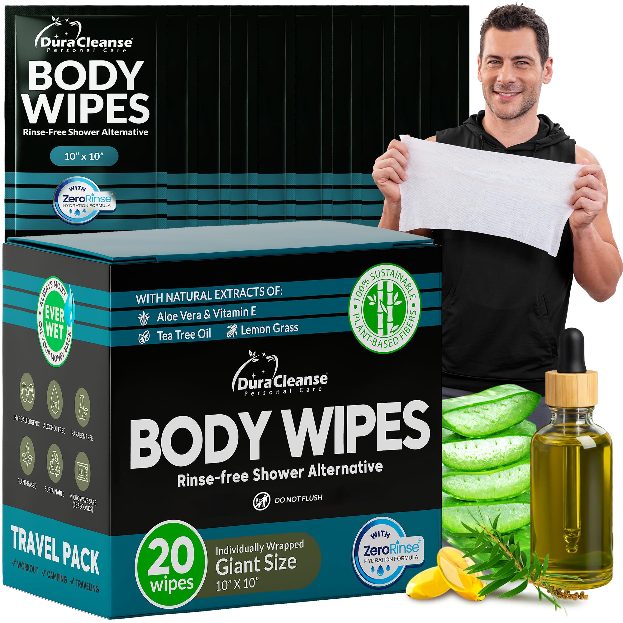 Travel Body Wipes for Men - 20 XL Shower Wipes for Adults Bathing No Rinse - Individually Wrapped 10”x10” Disposable Washcloths, Face Towels, Gym Mens Deodorant Sheets, Camping Essentials & Must Haves