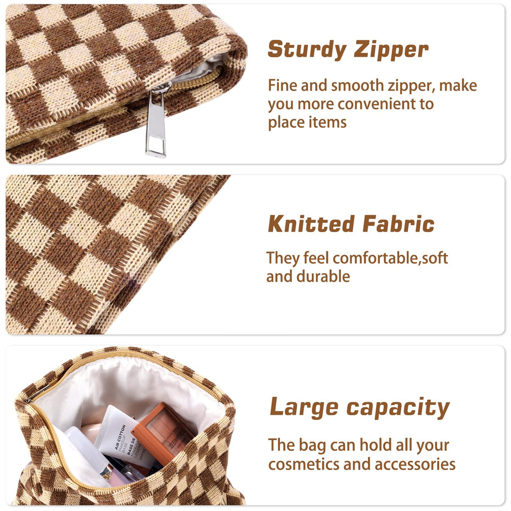 ZLFSRQ 2Pcs Checkered Makeup Bag for Women Large Small Checkered Cosmetic Bag Set Aesthetic Preppy Pencil Case Cute Pencil Pouch Brown Makeup Pouch for Purse Travel Toiletry Bags Zipper Skincare Bags