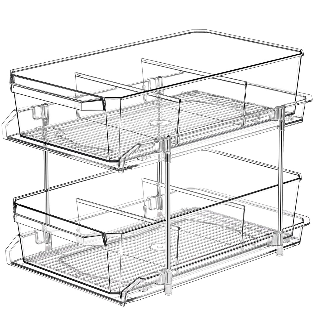 2 Tier Clear Organizer with Dividers for Cabinet, Shlef, Counter - MultiUse Slide-Out Storage Container - Kitchen, Pantry, Medicine Cupboard Bins, Bathroom, Vanity Makeup, Under Sink Organizing