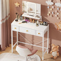 Small Makeup Vanity Desk 27.5''W with Mirror and Lights, Vanity Desk with 3 Fabric Drawers and Height-Adjustable Stand, Vanity Table for Girls Gifts, Bedroom and Small Spaces, White