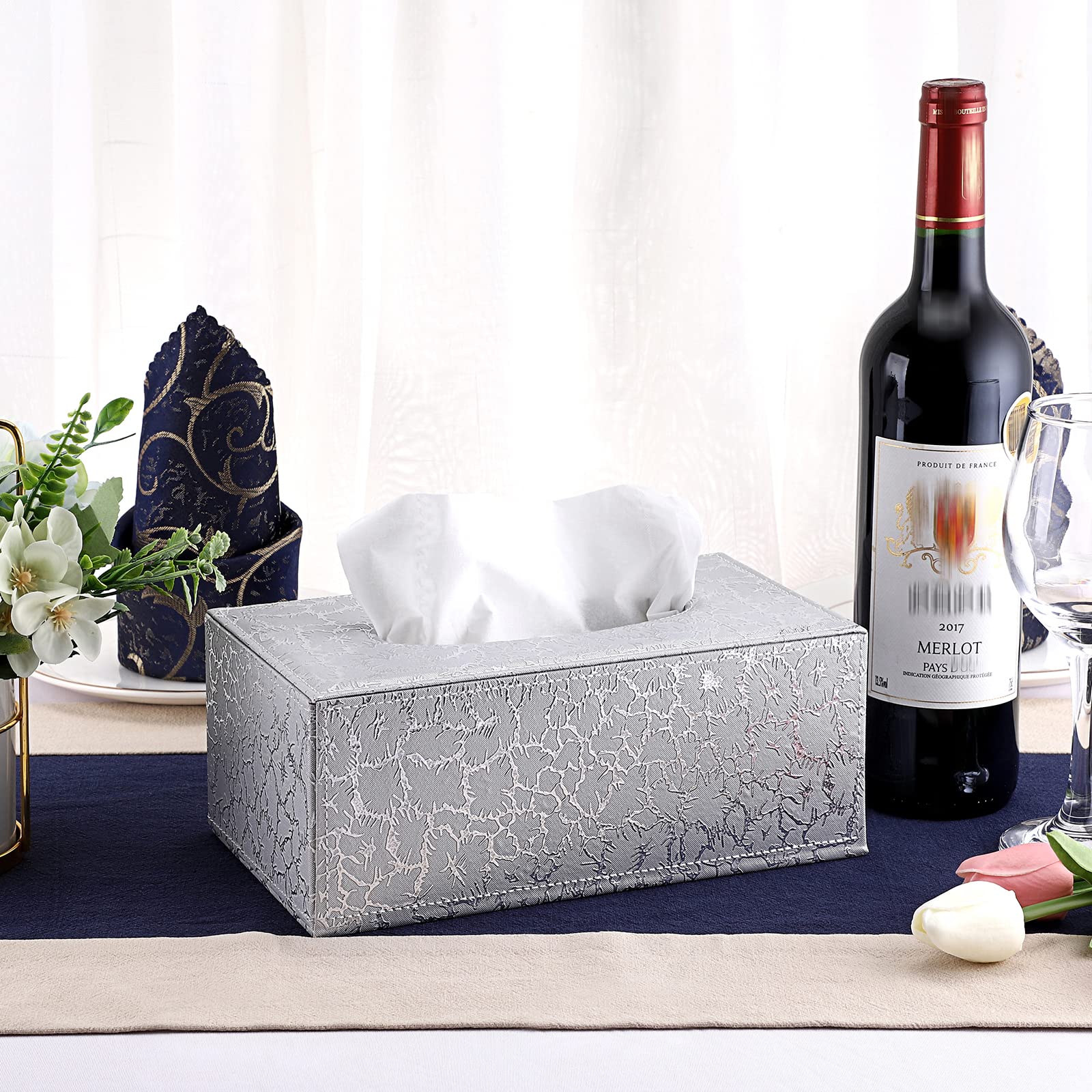 Sumnacon Rectangle Tissue Box Cover with Magnetic Bottom,Whaterproof,Silver
