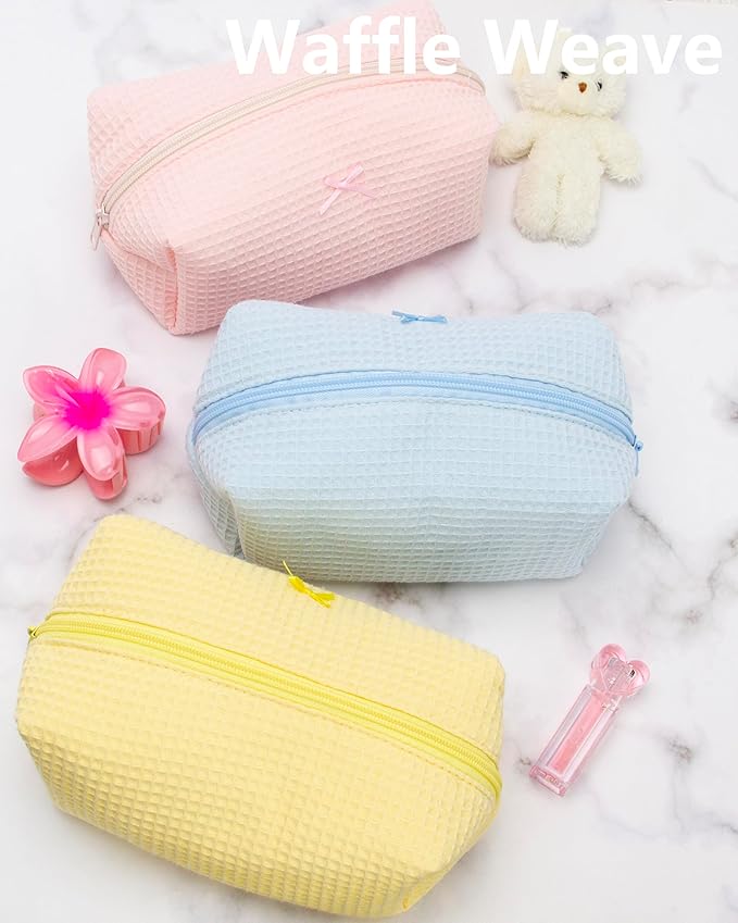 PAZIMIIK Cozy Makeup Bag for Women,Zipper Cosmetic Pouch,Waffle Blue,2 Pack