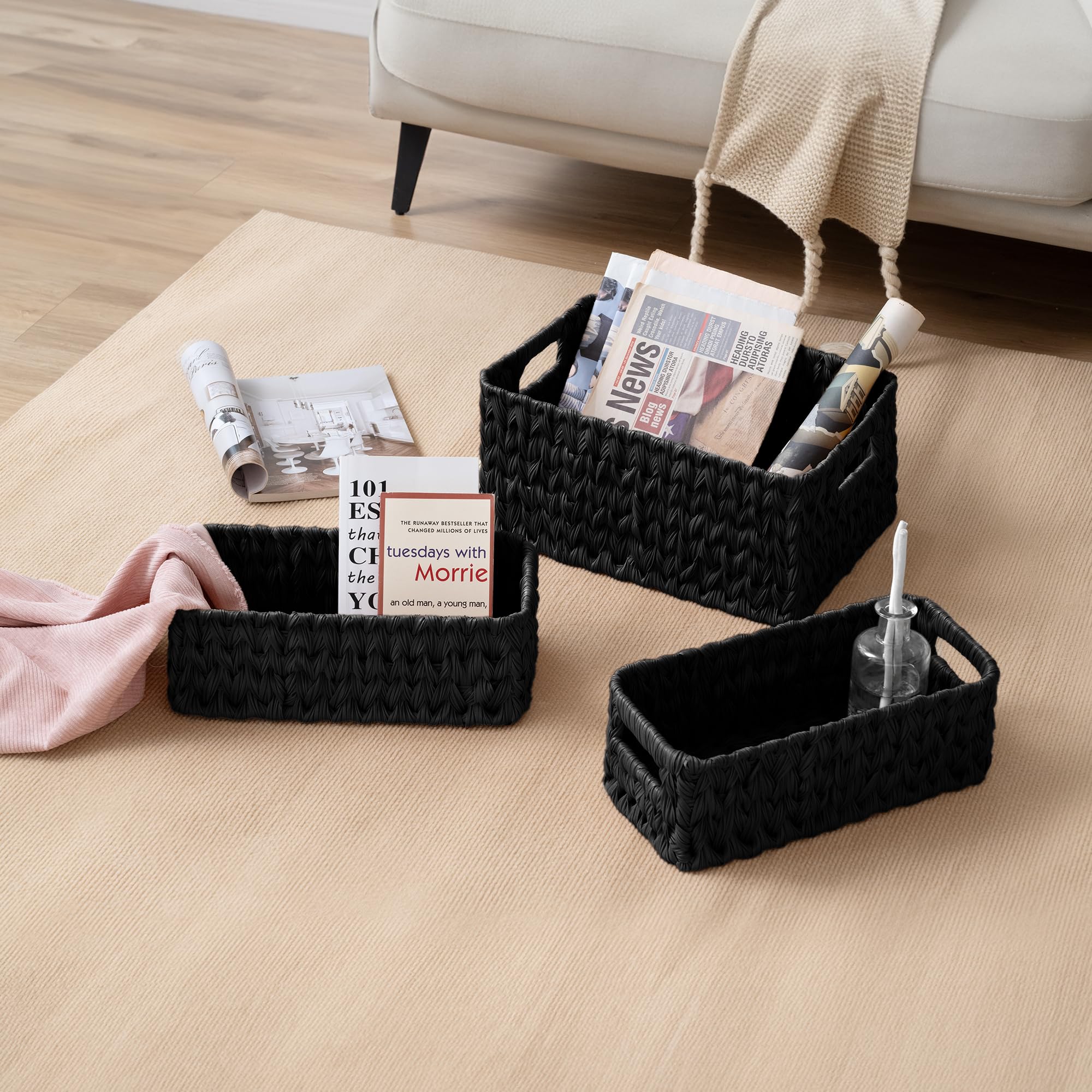 GRANNY SAYS Wicker Baskets for Storage, Wicker Storage Basket for Organizing, Large Woven Baskets, Waterproof Basket for Vanity, Home Decor, Black, 3-Pack
