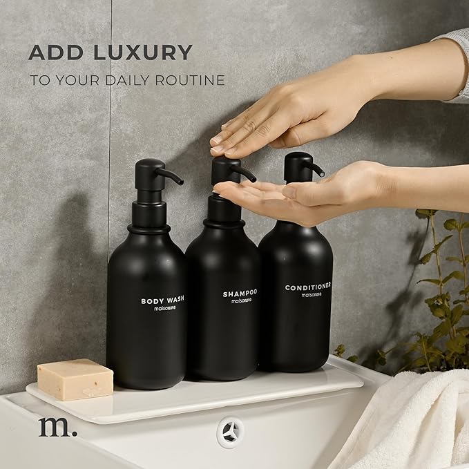 Shampoo and Conditioner Bottles Set of 3 Black – Shower Shampoo Dispenser – Hotel Style Bathroom Upgrade by MaisoNovo