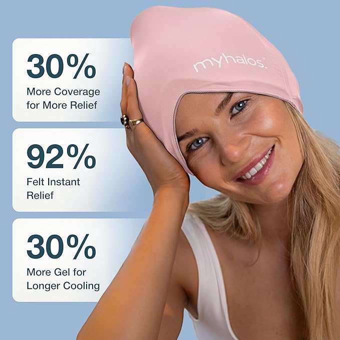 MyHalos® Migraine Relief Cap – 30% Thicker Ice Hat 2X Cooling Gel, Headache & Sinus Ice Pack Wrap, Cold Therapy for Migraine, Tension, Hangover, Facial Pain, Strap-Free, Odor-Free Storage Included