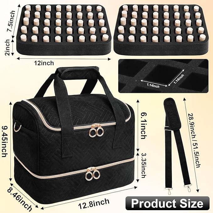 Veirdro Nail Polish Organizer Bag Holds 80 Bottles (15ml/0.5fl.oz)& Nail Lamp, Soft Nylon Nail Kit Storage Carrying Case with Shoulder Strap, Double Layer Nail Supplies Organizer Handbag Women Black
