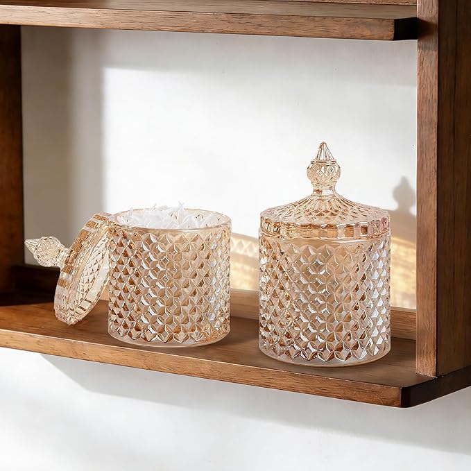 2 Pack Qtip Holder Apothecary Jars with Lid, Thick Glass, Amber
