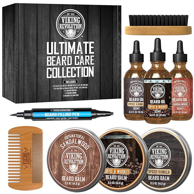 Viking Revolution Ultimate Beard Care Collection - Gifts for Men Includes Oil, Balm, Brush, Comb and Pen - Beard Kit for Men with Sandalwood, Spiced Vanilla, Coffee Whiskey, Sweet Tobacco