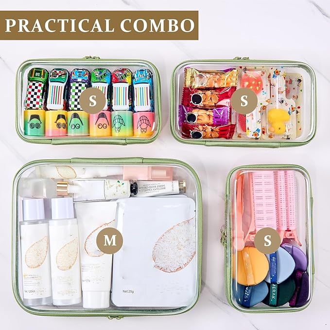 WELPIRT 4 pcs Clear Zipper Pouches,Hard Shell Zipper Case, Toiletry Bag for Travel, CLear Diaper Bag, Toiletry Pouch, Travel Organizer, Cosmetic Bag,Toy Storage Bins (M+3S) (Mint Green)