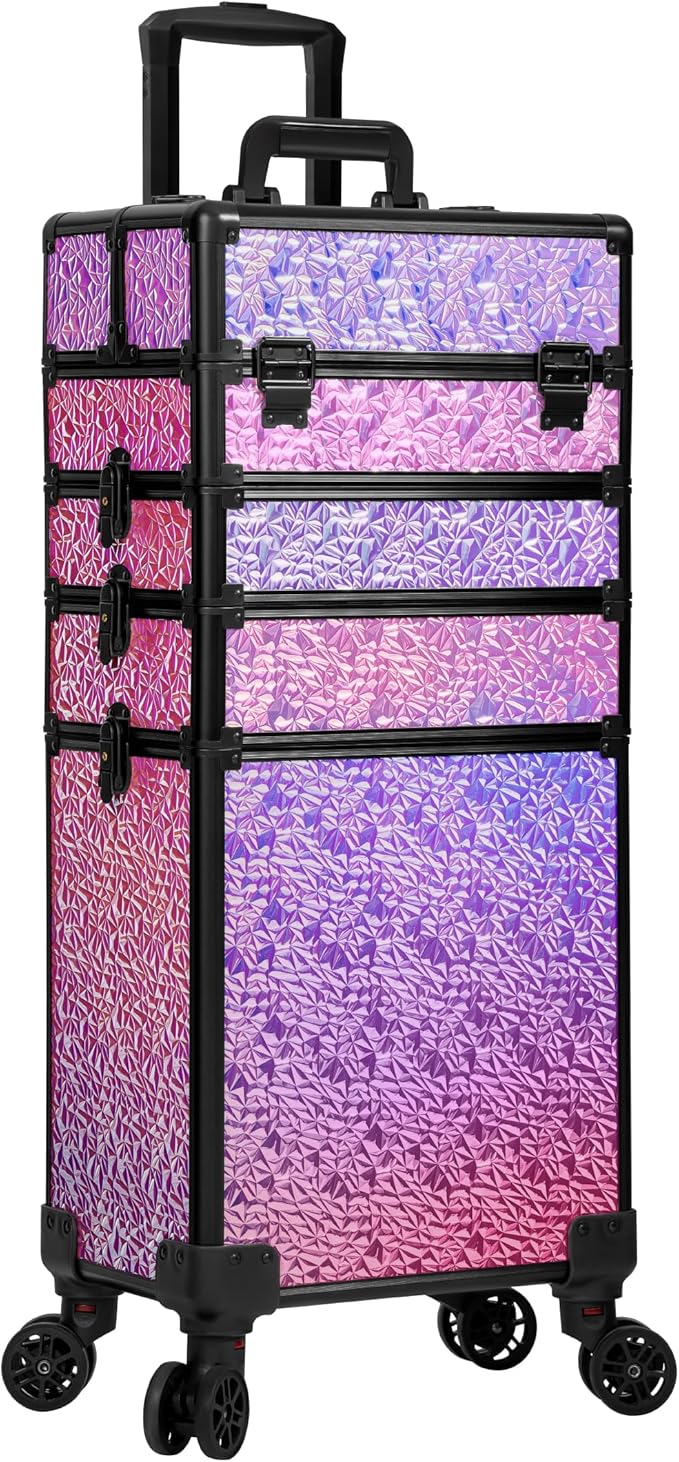 JINGUAN Professional Rolling Makeup Train Case with Lid, 5 in 1 Cosmetology Case on Wheels, Large Cosmetic Trolley Organizer Travel for Hairstylist Artist Nail Beauty Salon Barber, Gravel Pink