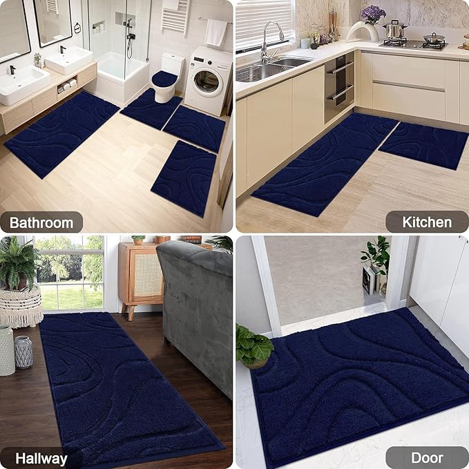 HEBE Bathroom Rugs Sets 5 Piece, Soft Absorbent Microfiber Bath Mat for Bathroom, Non Slip Washable Bath Rug Set with Toilet Cover, Bath Runner and U-Shaped Contour Toilet Rug, Navy Blue