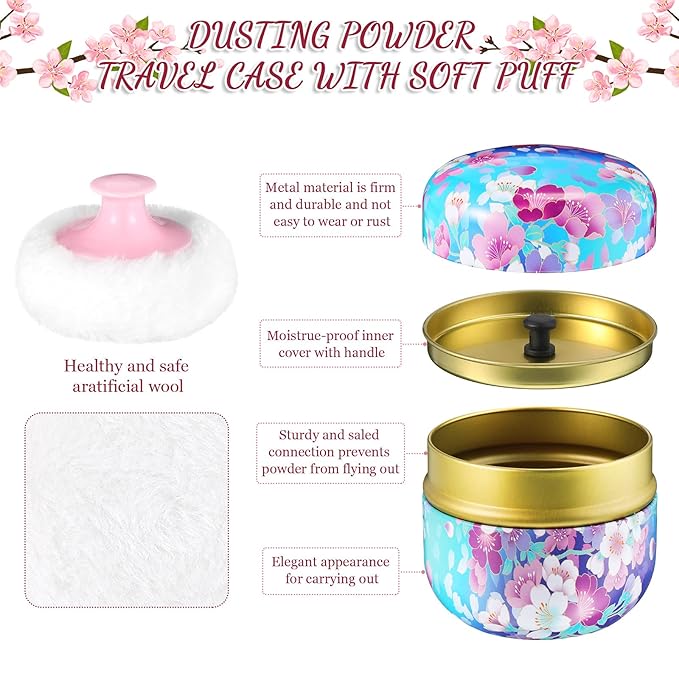 Chengu 2 Sets Body Powder Puff and Container, 2 Soft Puffs 2 Spoon and 2 Dusting Loose Powder Container for Baby Women Home and Travel Use