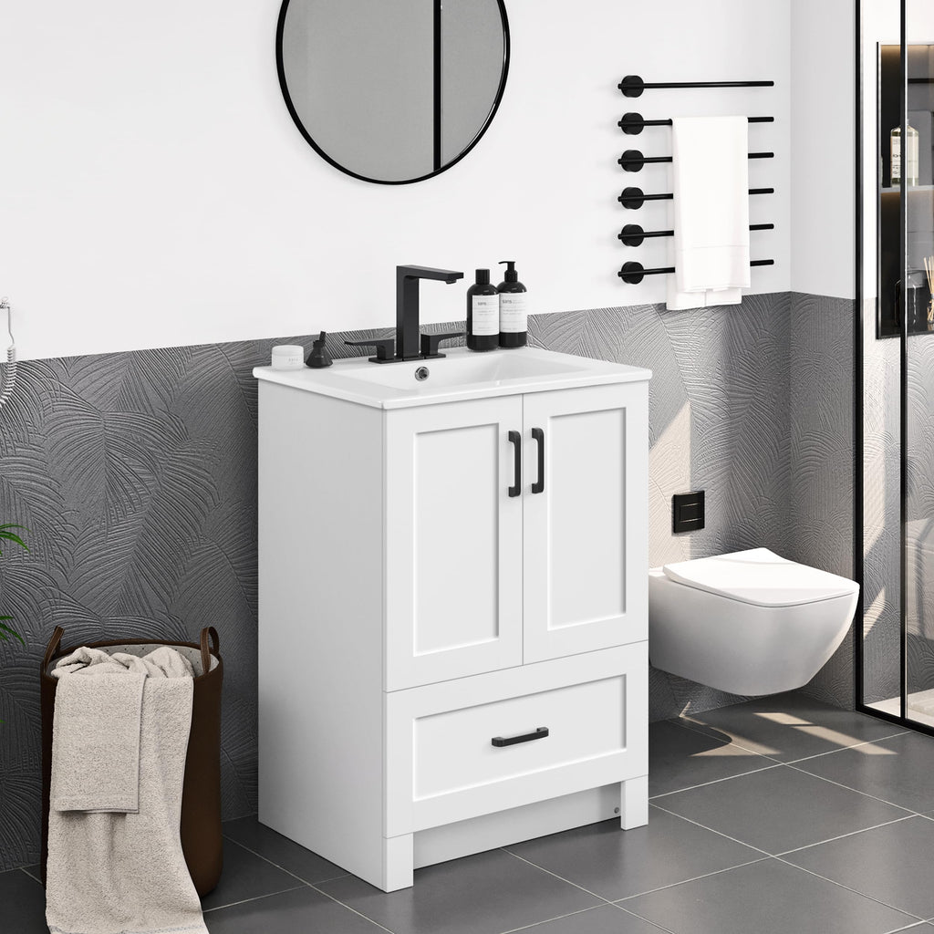 Yaheetech 24" Bathroom Vanity with Sink, 2 Doors & 1 Drawer Cabinet, White