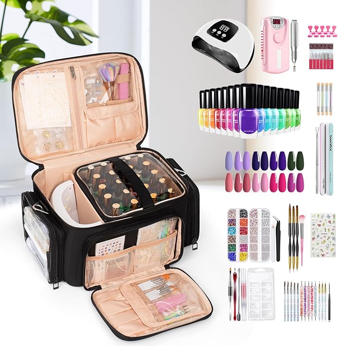Bagmoly Nail Polish Organizer, Nail Polish Storage Holds 42+ Bottles & Nail Lamp, Portable Travel Nail Kit Storage Carrying Case Fits Nail Suppiles, Gift for Manicurist, Grils - Black