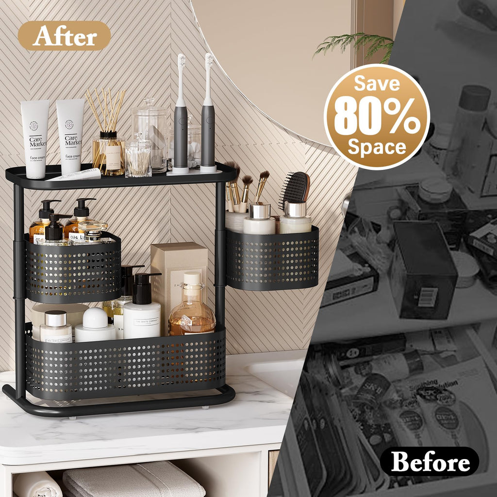 KINGRACK Metal Bathroom Counter Organizer，Rotating Countertop Storage Shelf | 3 Tier, Cosmetic Holder for Skincare & Makeup, Kitchen Spice Rack, Bedroom Nightstand Organizer, Black