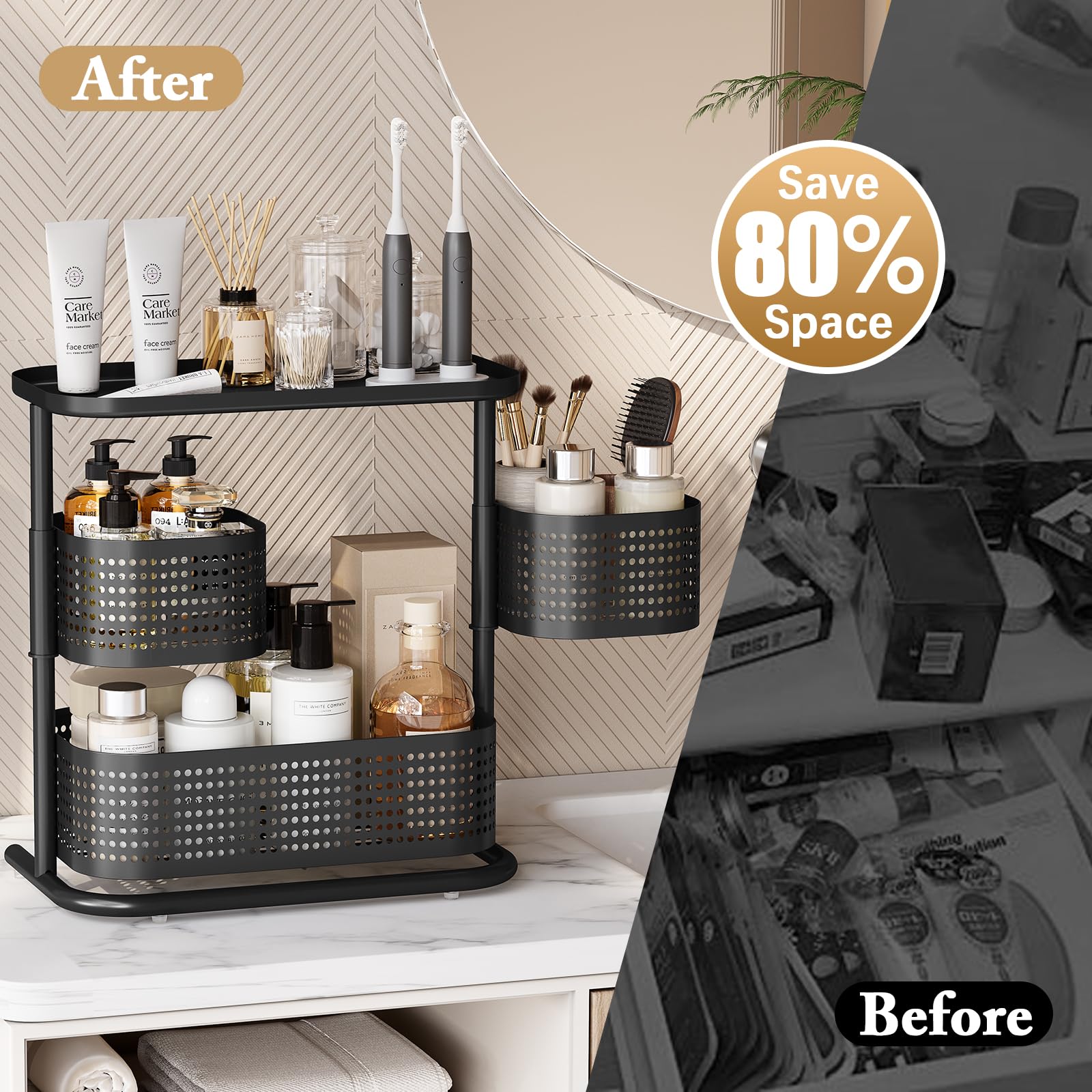 KINGRACK Metal Bathroom Counter Organizer，Rotating Countertop Storage Shelf | 3 Tier, Cosmetic Holder for Skincare & Makeup, Kitchen Spice Rack, Bedroom Nightstand Organizer, Black