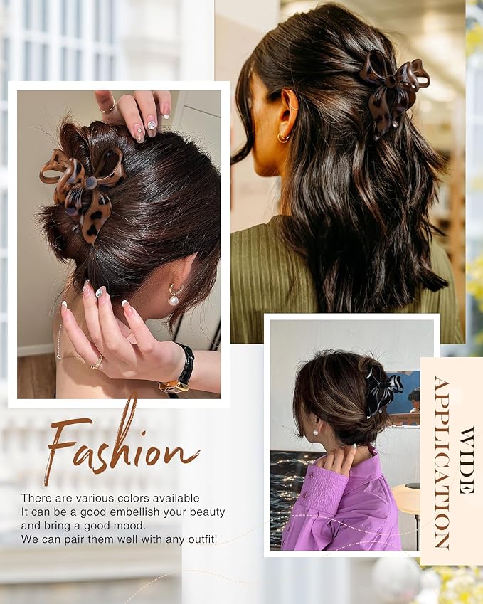 4 PCS Bow Hair Clips Bow Claw Clip for Women, Large Hair Claw Clips for Thin Thick Long Hair Cute Nonslip Bows (Black+Leopard Dark Brown+Leopard Light Brown+Gray)