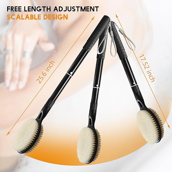 Back Scrubber for Shower with Long Handle, Dual-Sided Bath Brush for Wet & Dry Brushing, Soft & Stiff Bristles Body Exfoliator, Adjustable Detachable Shower Brush for Back, Legs & Feet