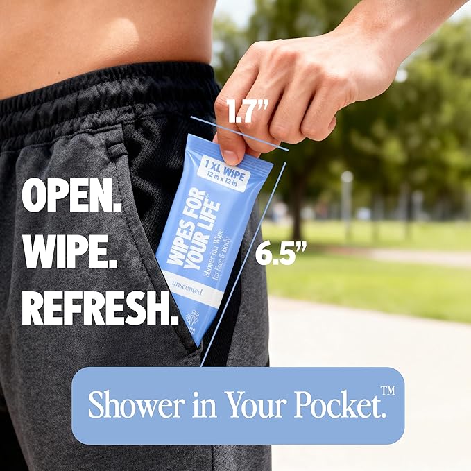 HyperGo XL Single Body Wipes for Women & Men – 12" x12" Rinse-Free Full Body Cleansing 10 Count Pack - Variety | Biodegradable, Hypoallergenic, Aloe-Infused | Gym, Festival, Camping Essentials