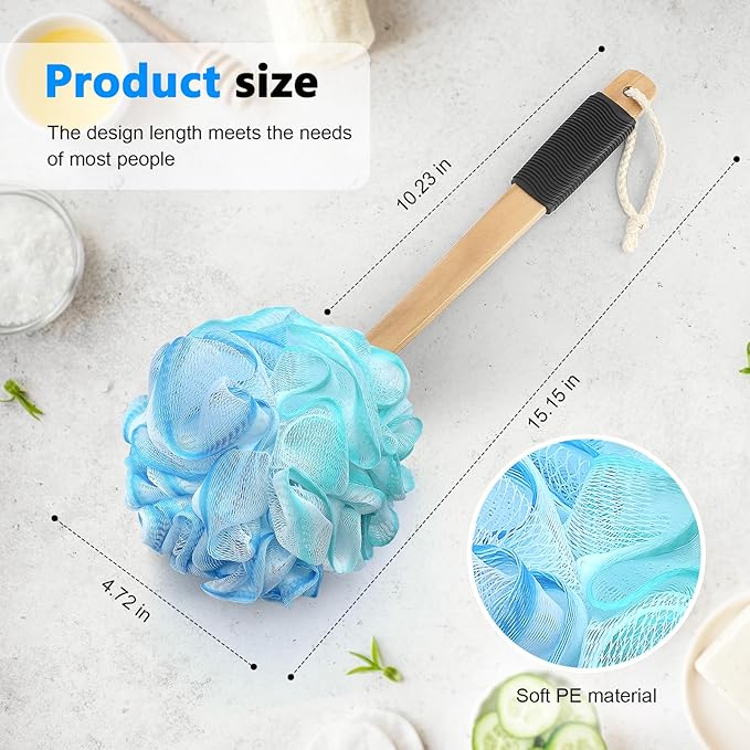 FORENEE Blue, Green and White Loofah on a Stick, PE Mesh Back Scrubber