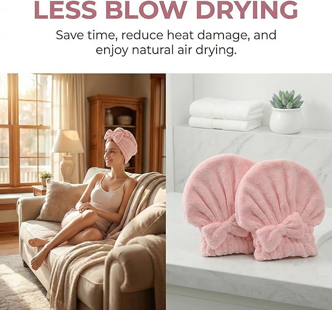 Microfiber Hair Towel Wrap for Women with Bow, Super Absorbent Quick Drying Hair Turban, Anti Frizz Hair Drying Cap for Curly Thick Frizzy Hair, Lightweight Towel for After Shower (Pink+ Coffee)