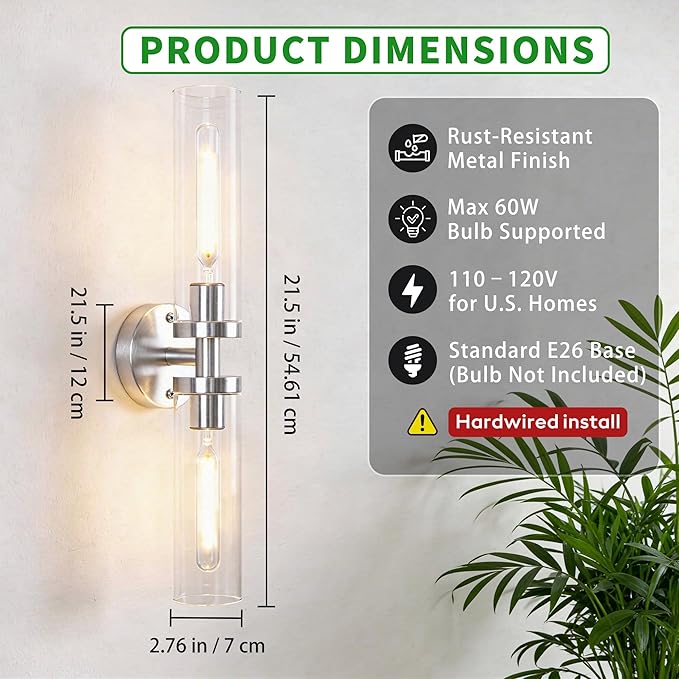 Wall Sconces 2-Pack, Hardwired Bathroom Light Fixtures, Modern Farmhouse Vanity Wall Lighting with Clear Glass Shades, E26 Base Wall Sconce Wall Lights for Bathroom Wall Decor, Brushed Nickel