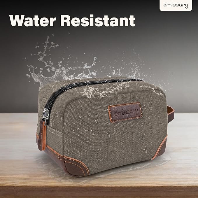 emissary Men's Canvas Travel Toiletry Bag, Leather Dopp Kit - Light Gray