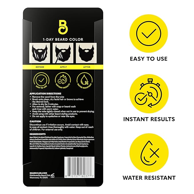 The Beard Club 1 Day Temporary Beard Dye for Men - Black Beard, Mustache & Eyebrow Color for a Fuller, Well-Defined Look, Water & Sweat Resistant, Up to 30 Applications, 0.3 fl oz (Pack of 2)