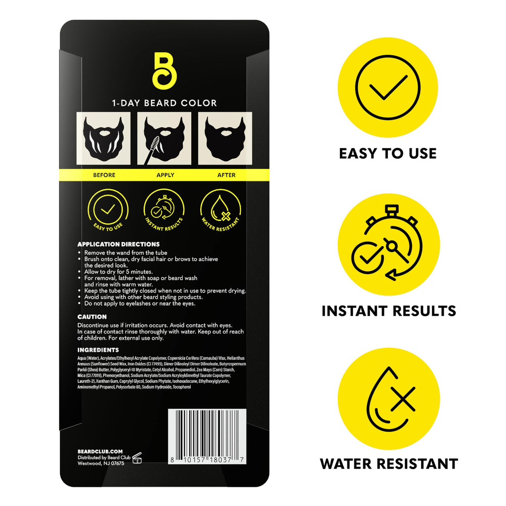 The Beard Club 1 Day Temporary Beard Dye for Men - Black Beard, Mustache & Eyebrow Color for a Fuller, Well-Defined Look, Water & Sweat Resistant, Up to 30 Applications, 0.3 fl oz
