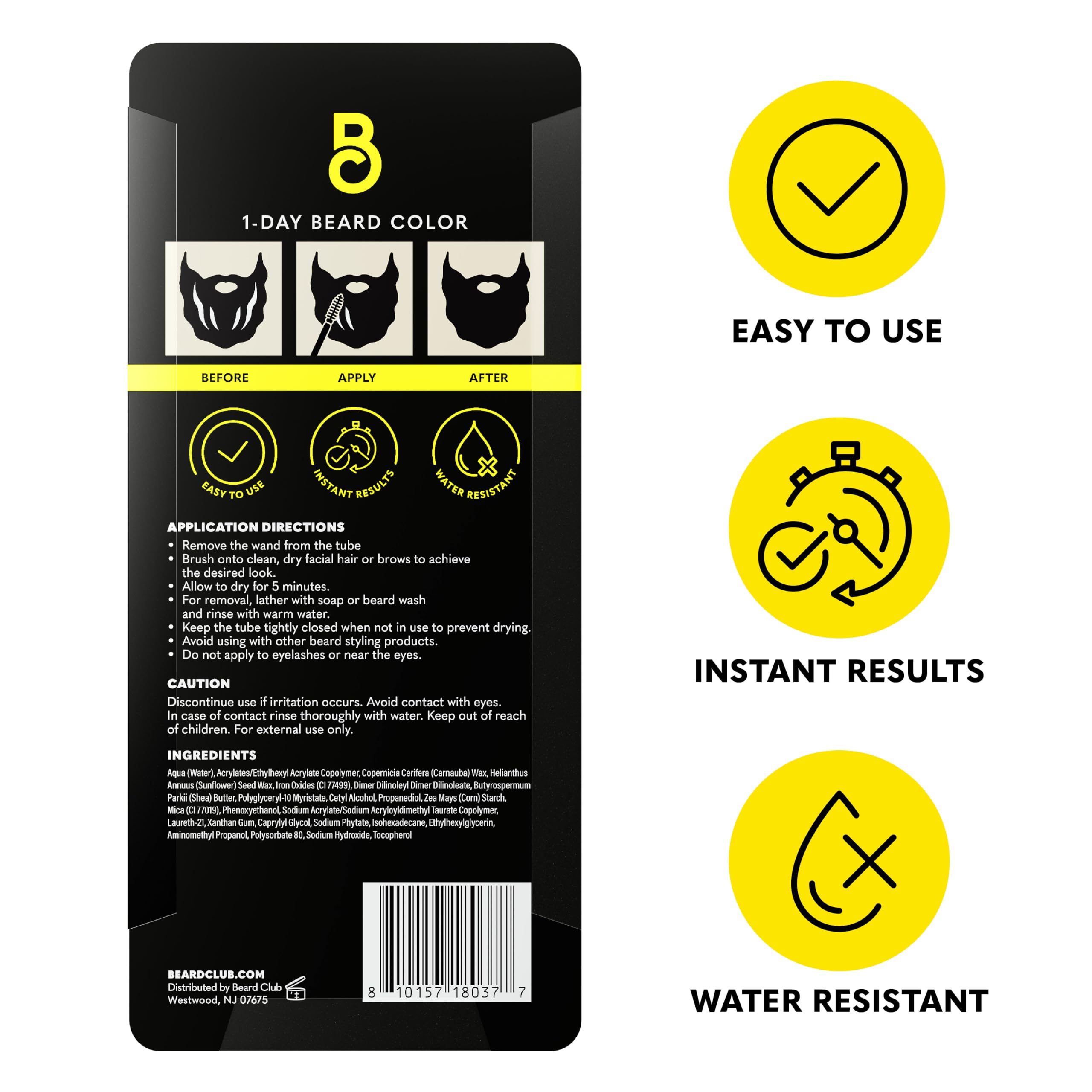 The Beard Club 1 Day Temporary Beard Dye for Men - Black Beard, Mustache & Eyebrow Color for a Fuller, Well-Defined Look, Water & Sweat Resistant, Up to 30 Applications, 0.3 fl oz